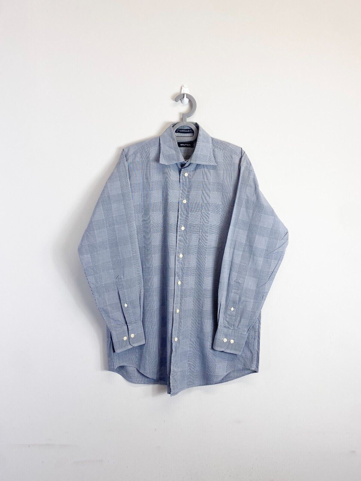 Nautica Dress Shirt Mens Medium Grey Checkered Long Sleeve Collar Button Down
