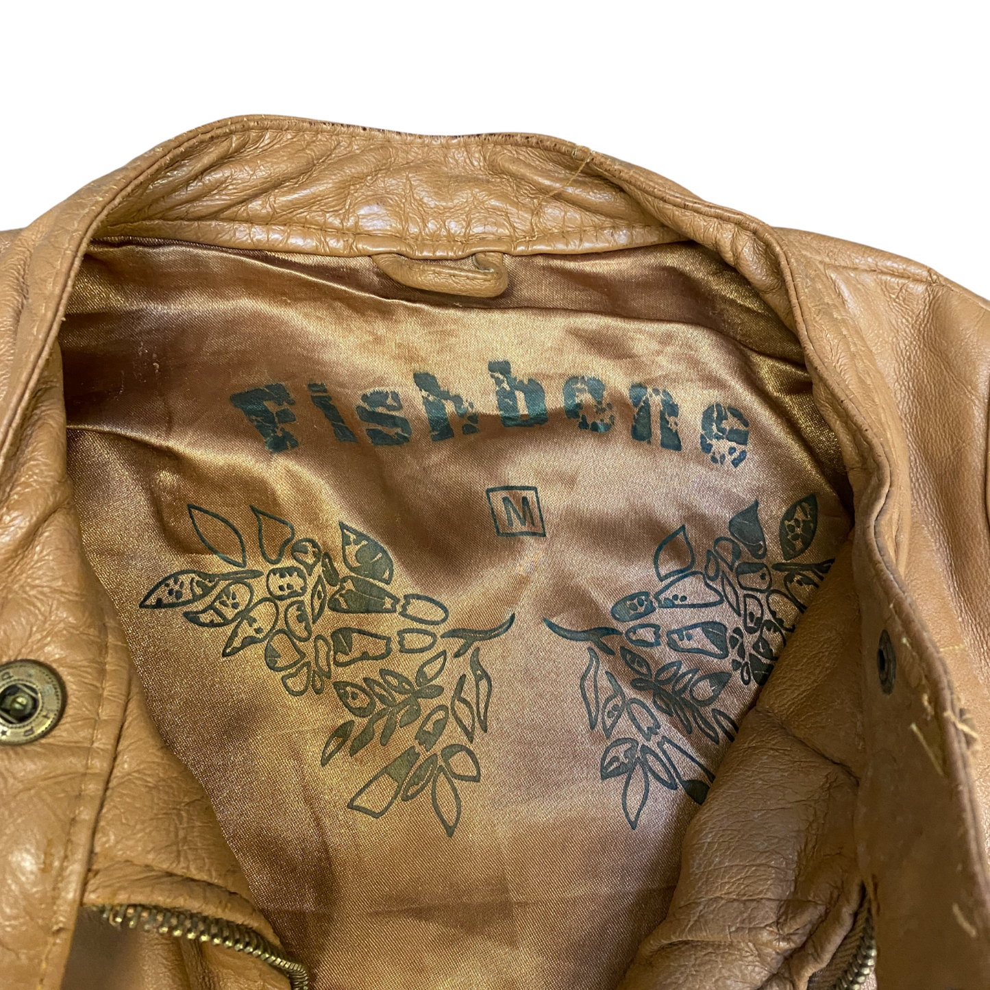 Fishbone Leather Biker Jacket Womens Medium Brown Lined Long Sleeve Full Zipper