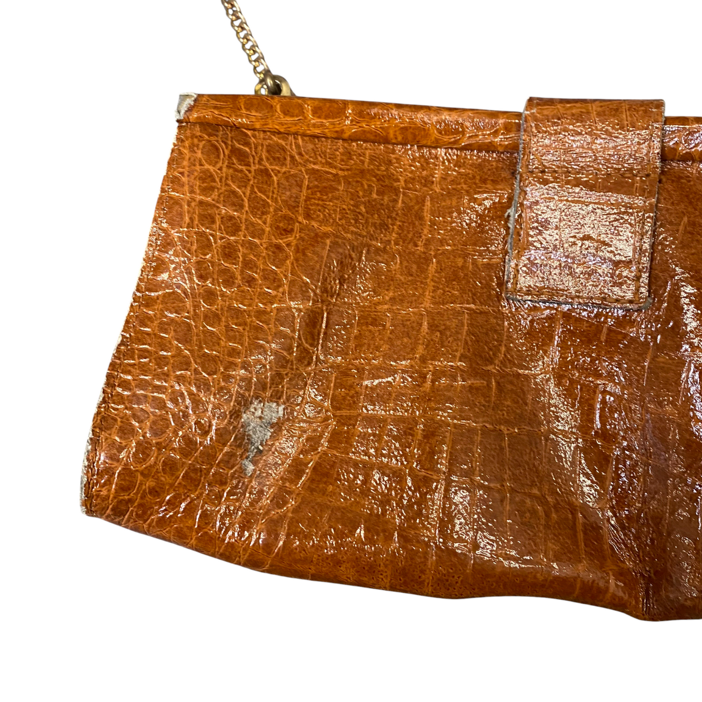 Vtg Womens Clutch Bag Brown Crocodile Leather Chain Strap Magnetic Flap Closure
