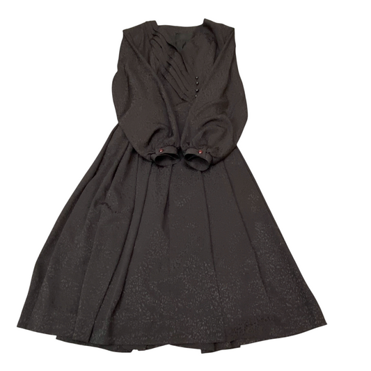 A-Line Cocktail Dress Womens S Black Floral Pleated Long Sleeve V-Neck Pullover