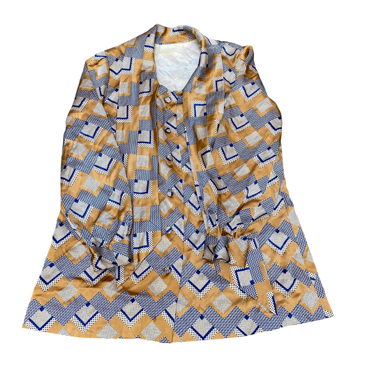 Blouse Top Womens M Brown Blue Geometric Long Sleeve Round Neck Button Front