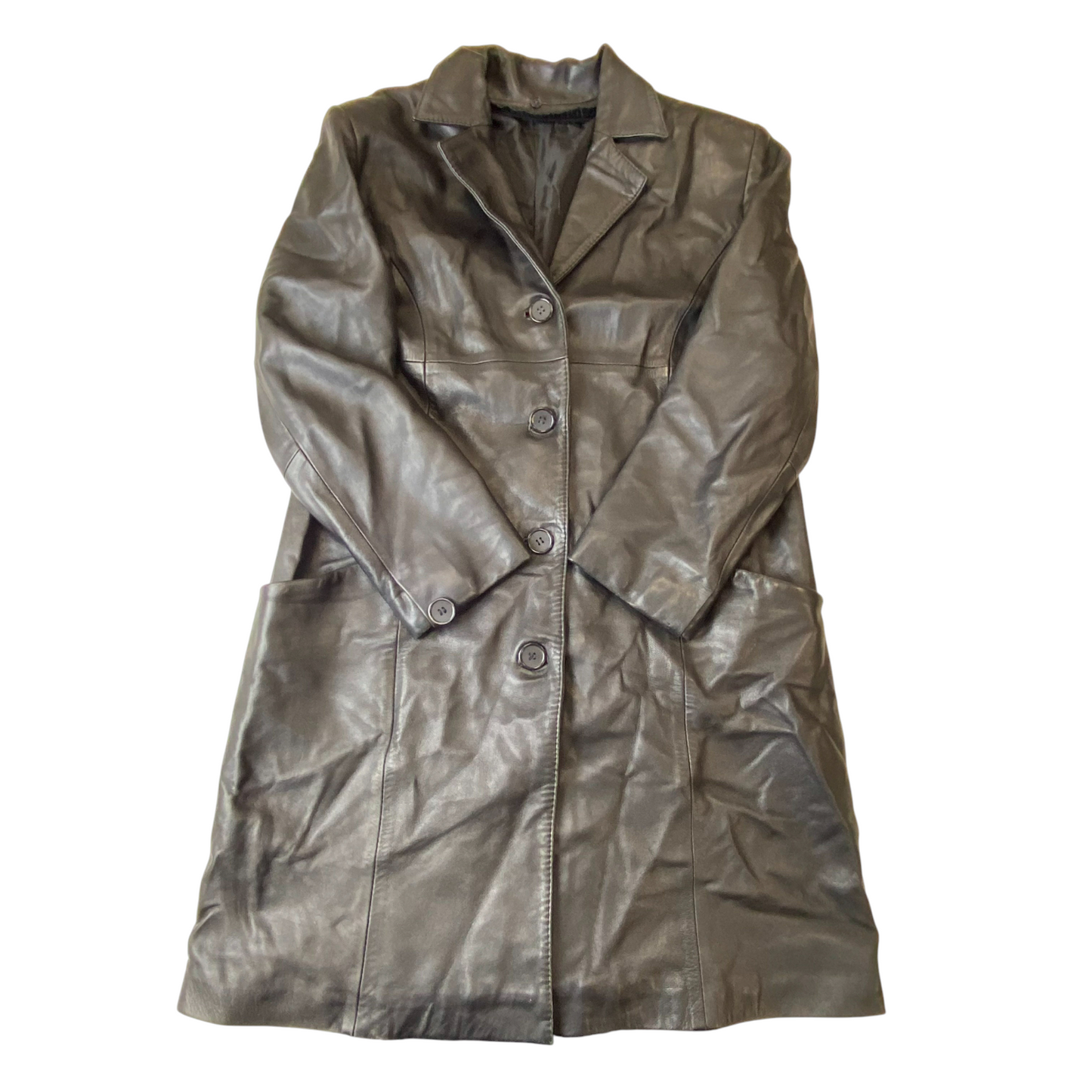 Womens Leather Trench Coat Medium Black Long Sleeve Notch Lapel Single Breasted