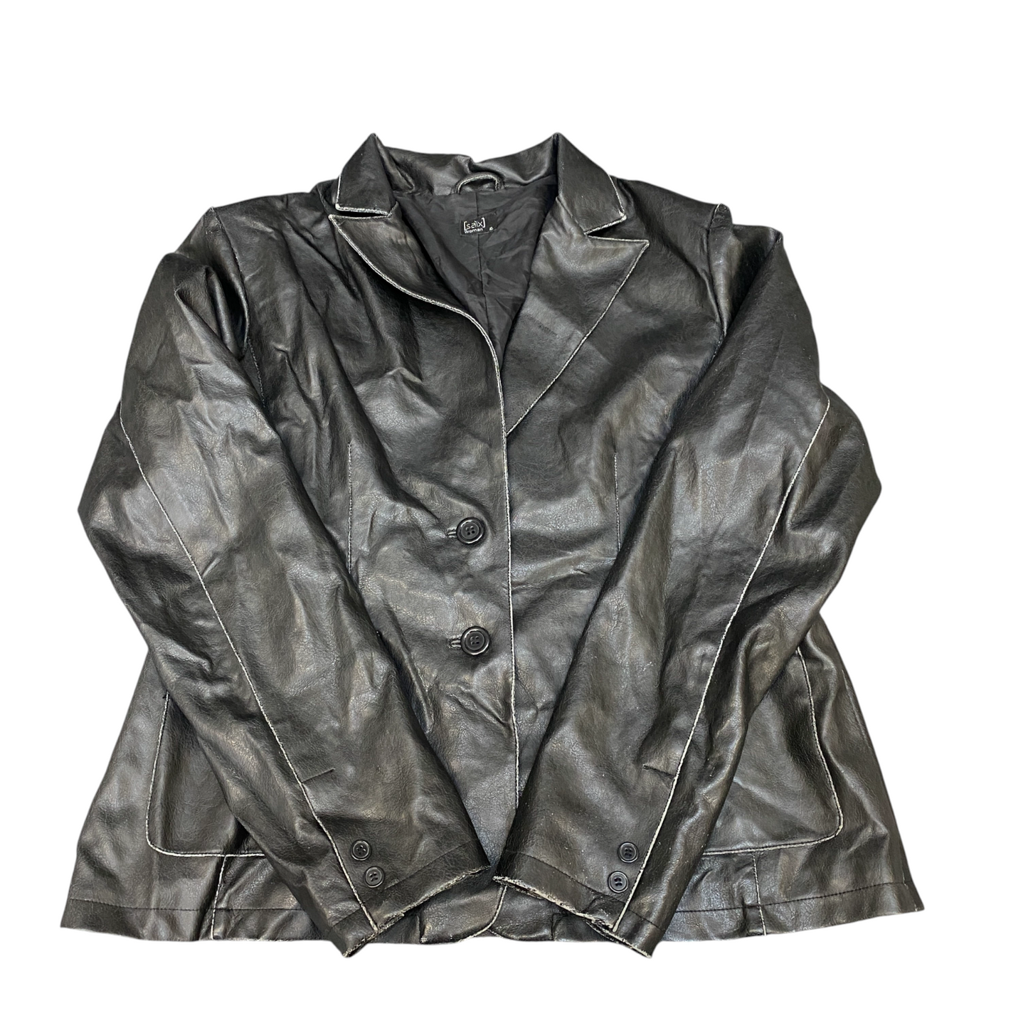 Saix Leather Blazer Jacket Womens XL Black Lined Notch Lapel Single Breasted