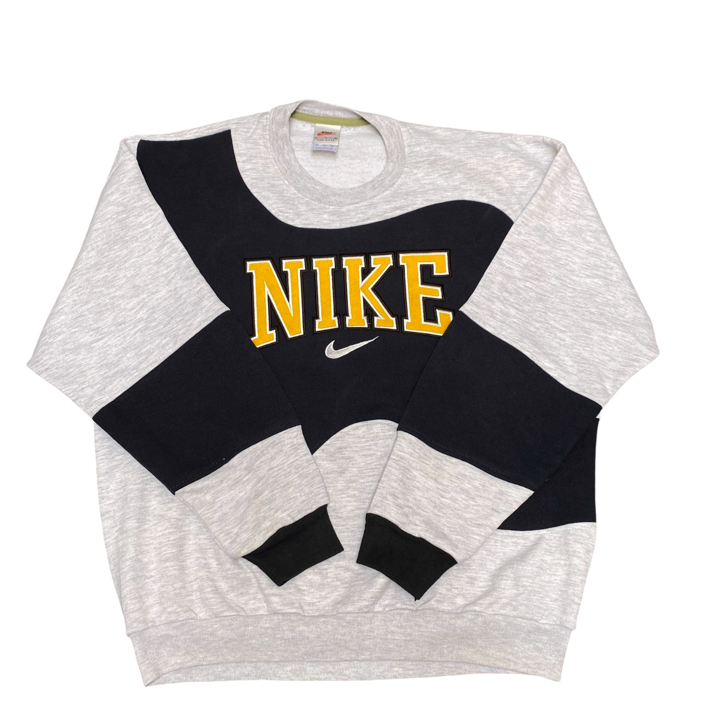 Nike Reworked Sweatshirt Mens L Grey Black Embroidered Spellout Logo Crew Neck