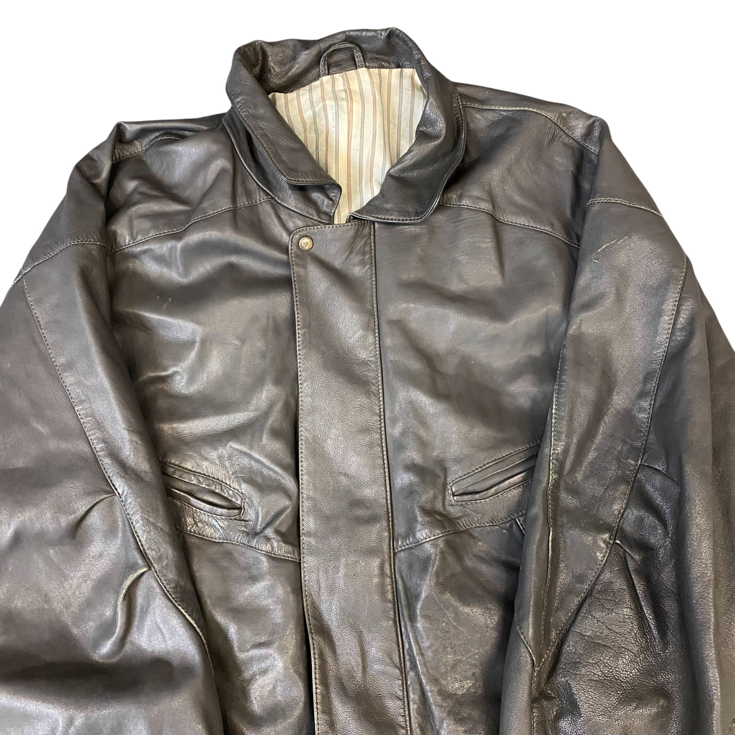 Mens Faux Leather Jacket Large Grey Lined Long Sleeve Collared Snap Inside Zip