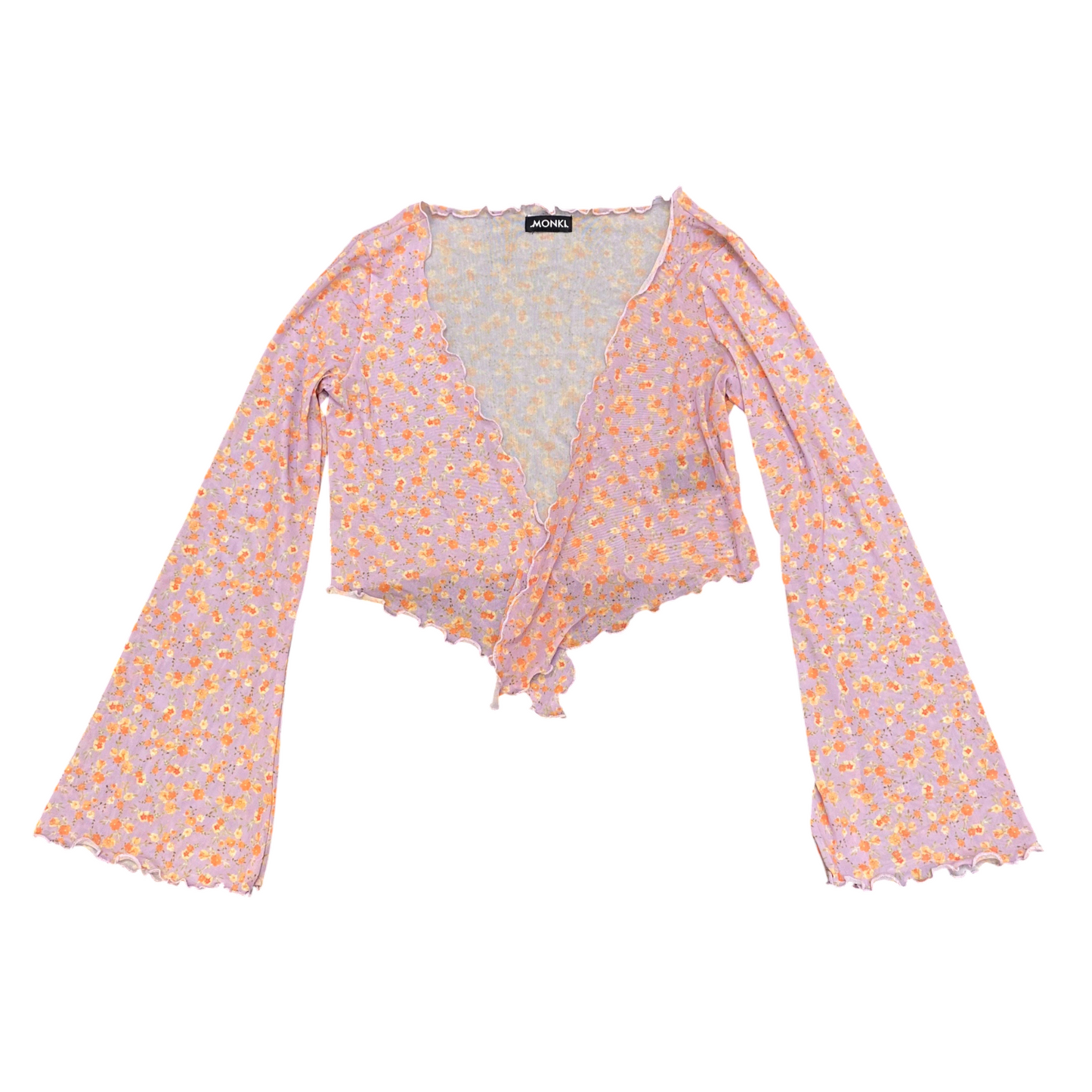 Monki Crop Top Womens S Purple Floral Ruffle Trim Tie Front Bell Sleeve Cardigan