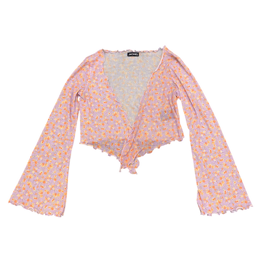 Monki Crop Top Womens S Purple Floral Ruffle Trim Tie Front Bell Sleeve Cardigan