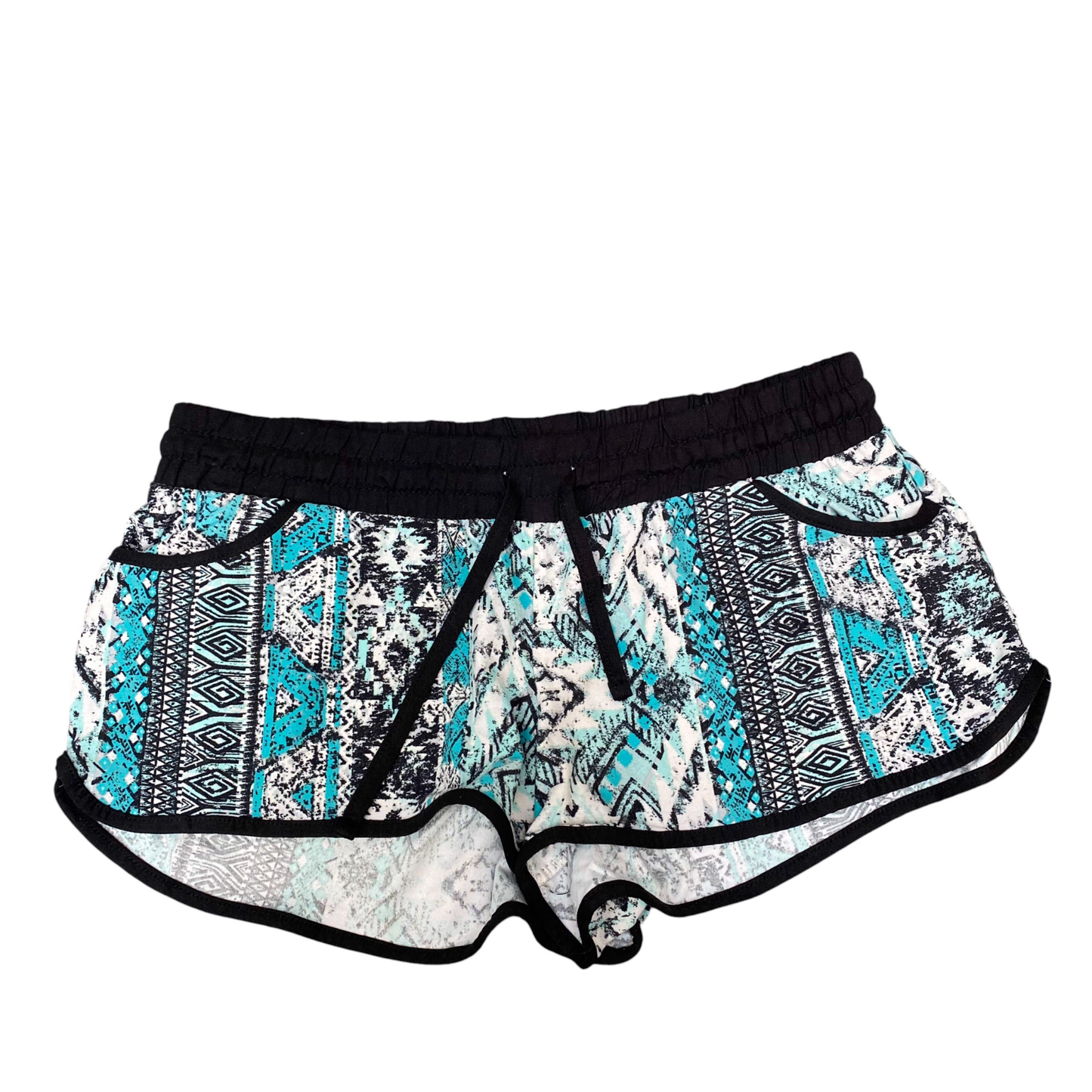 Sprinter Shorts Womens L Black Blue Geo Print Gym Running Training Drawstring