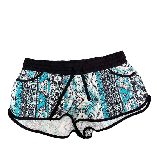 Sprinter Shorts Womens L Black Blue Geo Print Gym Running Training Drawstring