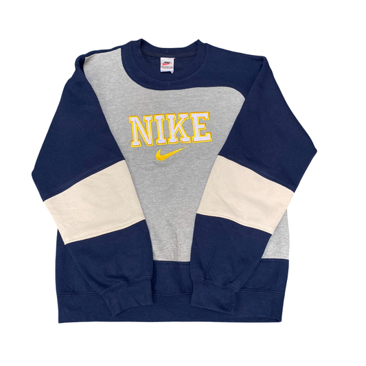 Nike Reworked Sweatshirt Mens Medium Blue Grey Embroidered Spell Out Logo Y2K