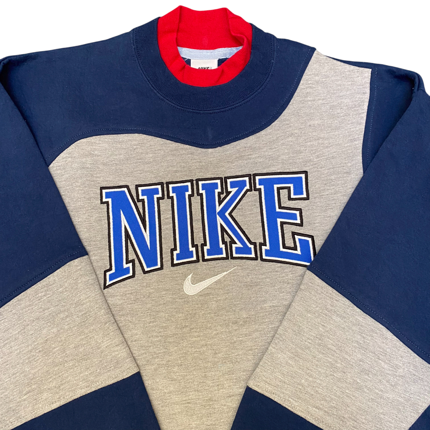 Nike Reworked Sweatshirt Mens L Blue Grey Embroidered Spellout Logo Crew Neck