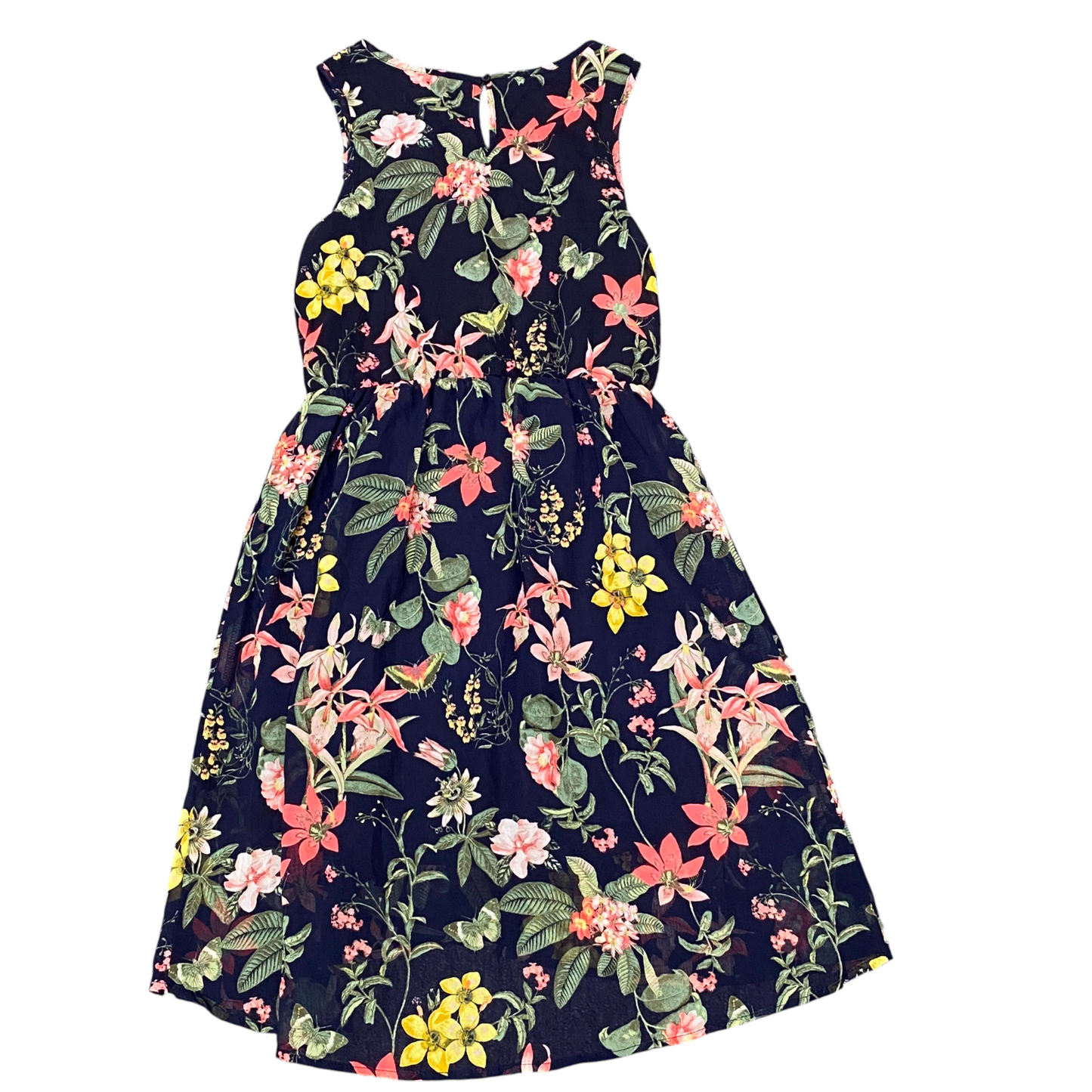 H&M Tank Dress Girls S Blue Floral Pleated Sleeveless Round Neck Keyhole Back