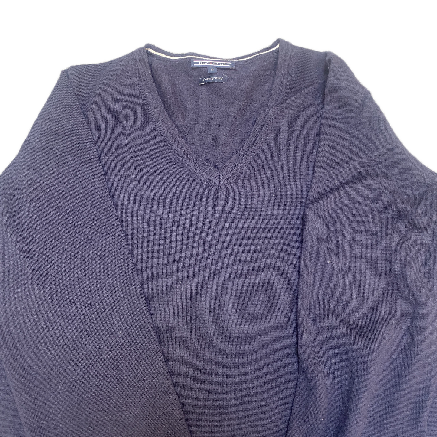 Tommy Hilfiger Jumper Mens XL Navy Luxury Wool Knit Long Sleeve V Neck Pullover