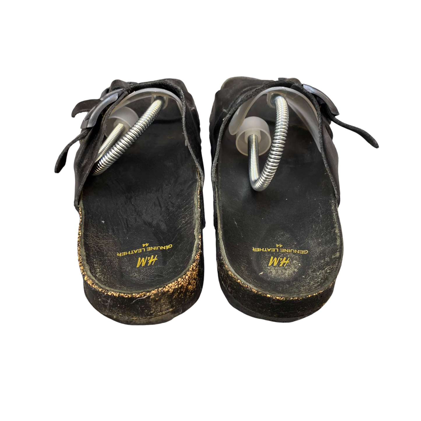 H&M Slide Sandals Mens UK 9.5 Black Genuine Leather Dual Buckle Strap Slip On