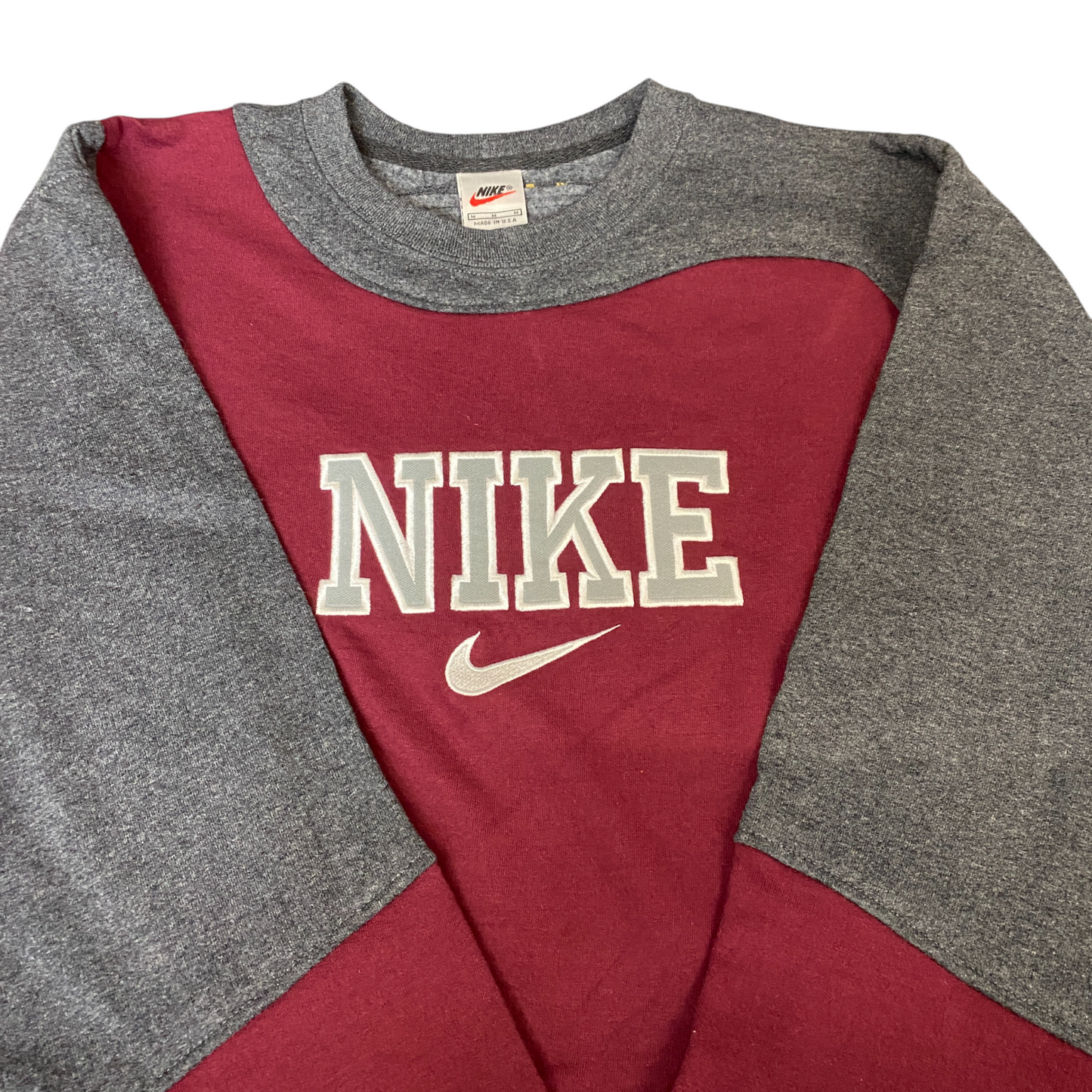 Nike Reworked Sweatshirt Mens M Grey Red Embroidered Spellout Logo Vintage Y2K