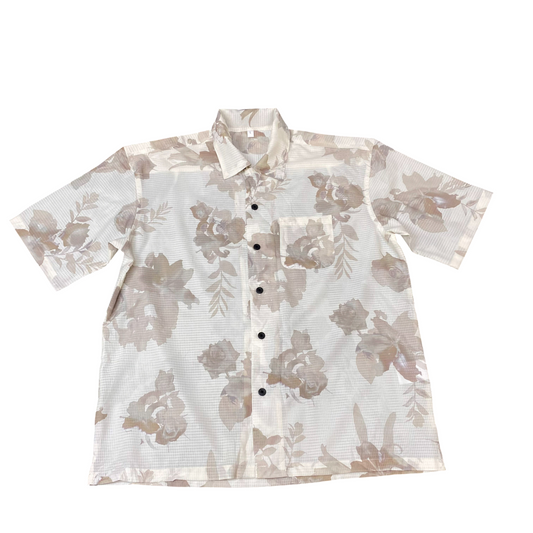 Hawaiian Shirt Mens L Cream Floral Pocket Short Sleeve Button Down Outdoor