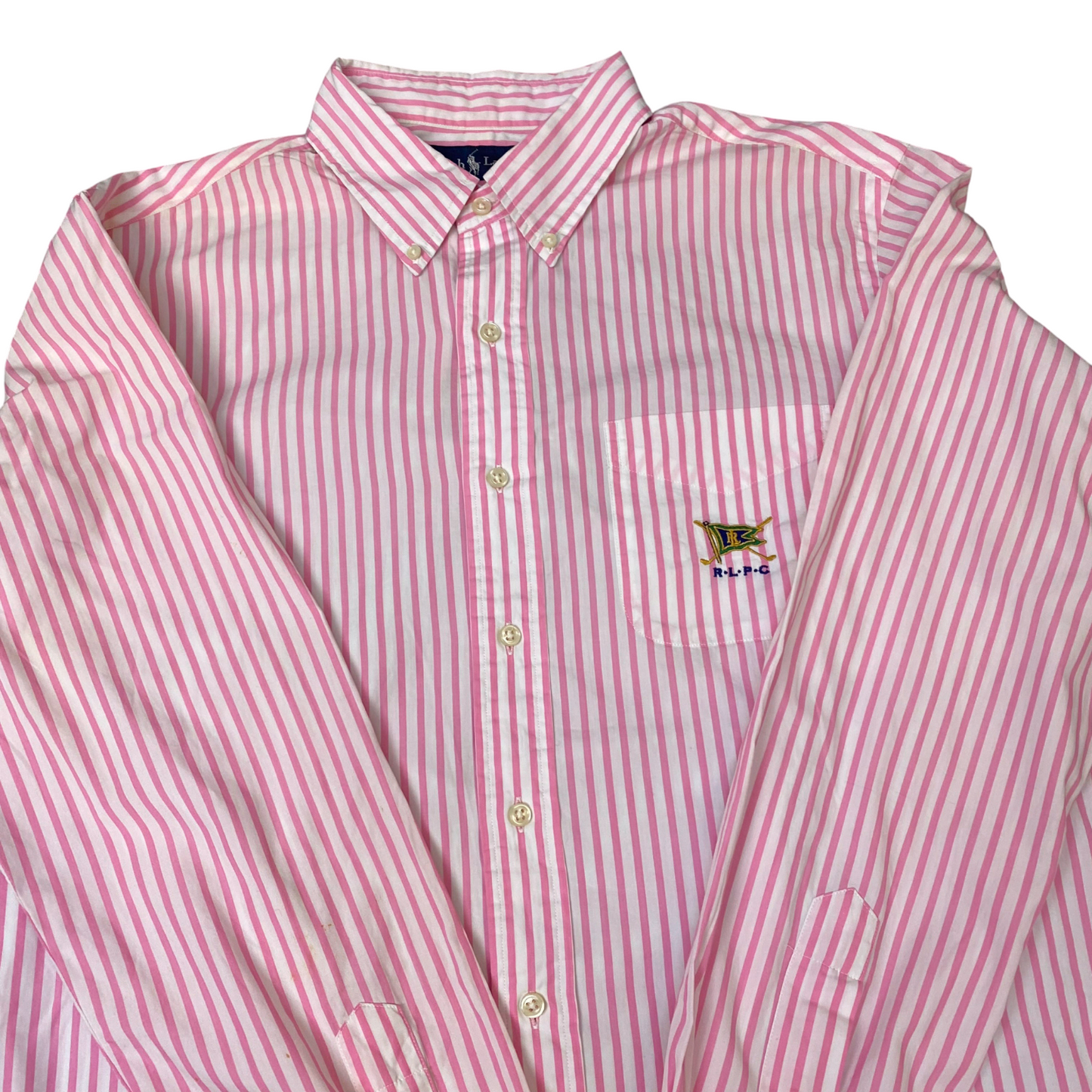 Ralph Lauren Shirt Mens L Pink White Striped Long Sleeve Embroidered Button Down