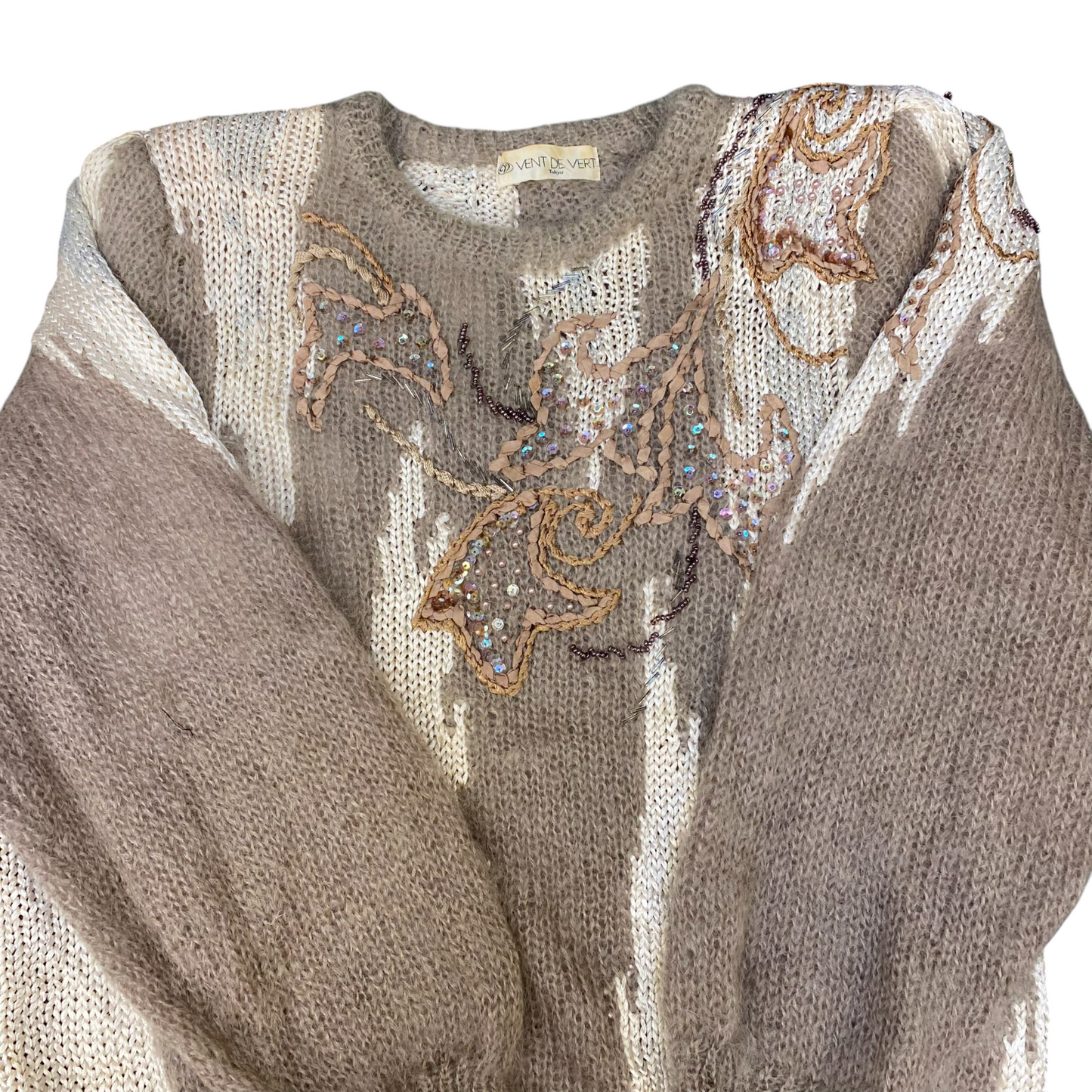 Vent De Vert Jumper Womens Medium Cream Knit Beaded Embroidered Floral Crew Neck