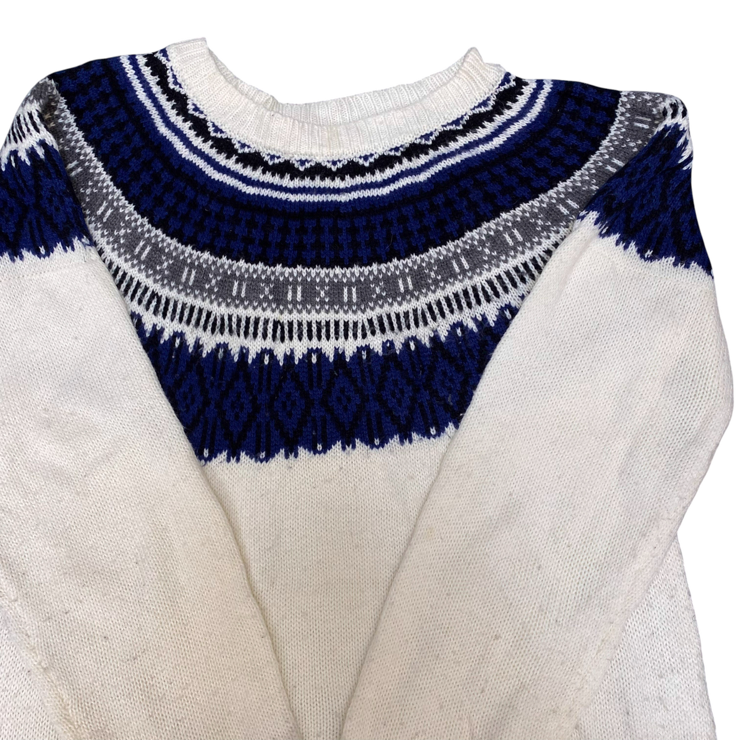 Discoat Jumper Womens Small White Blue Fair Isle Nordic Wool Winter Holiday