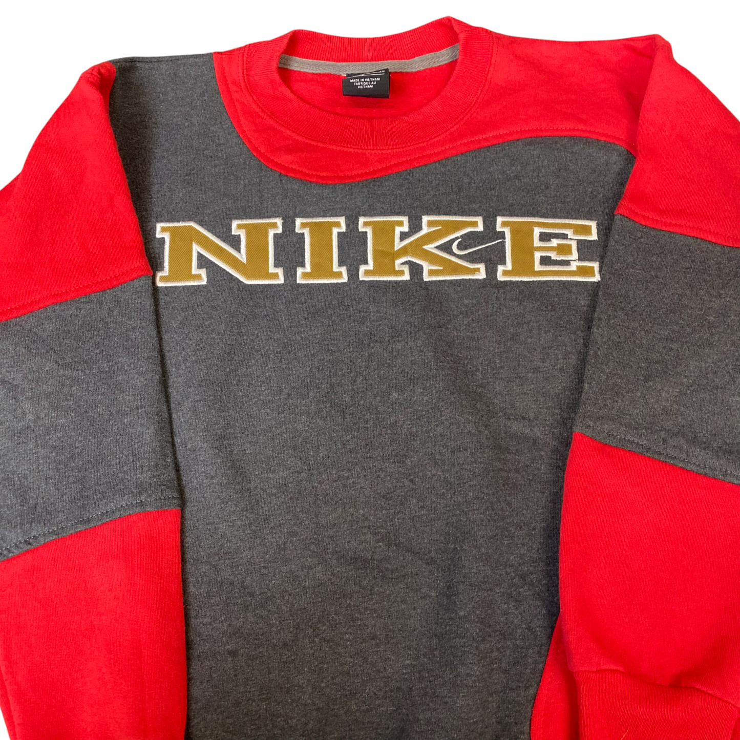 Nike Reworked Sweatshirt Mens S Red Grey Embroidered Spellout Logo Vintage Y2K