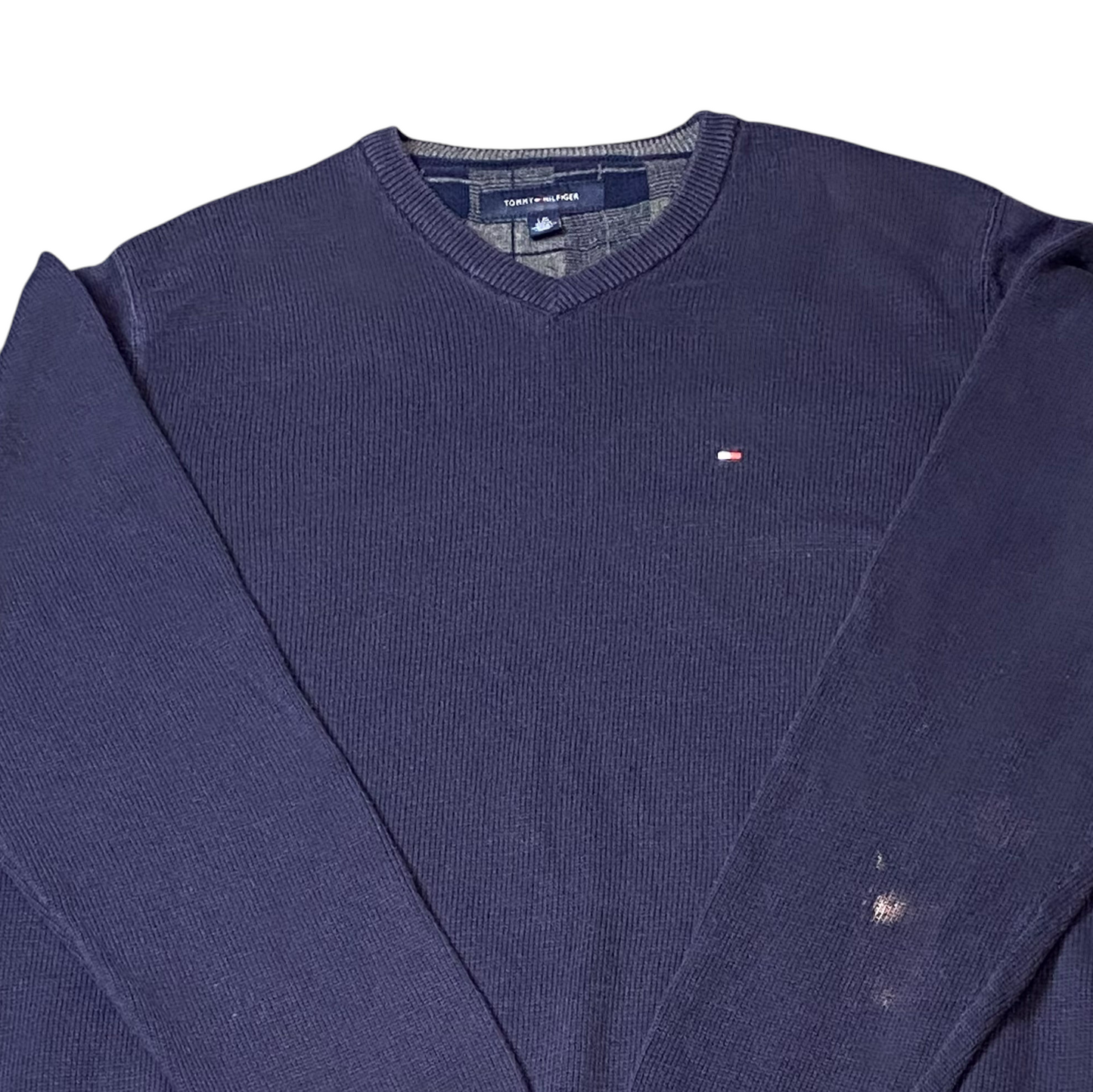 Tommy Hilfiger Jumper Mens L Blue Long Sleeve Ribbed Hem & Cuff V-Neck Pullover