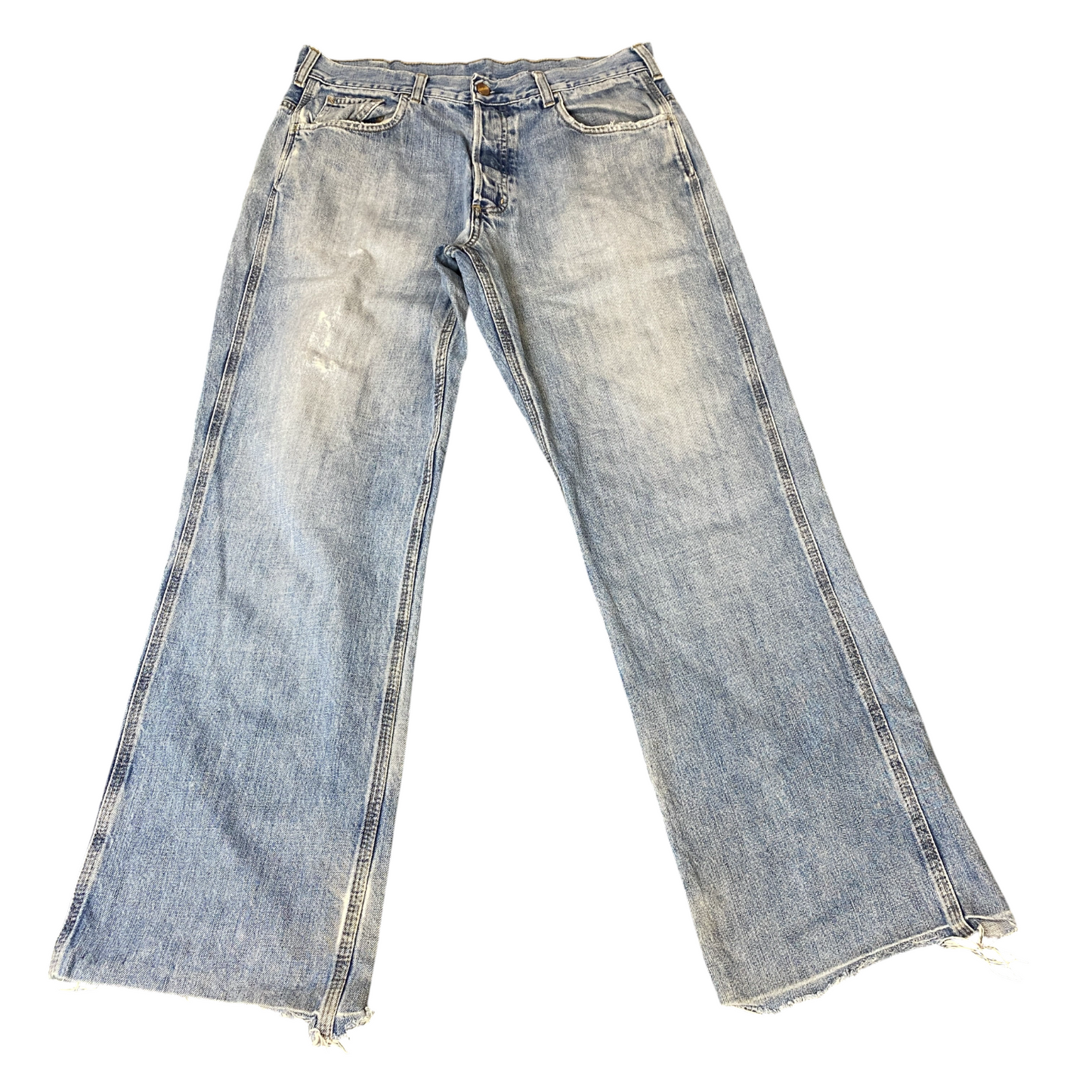 Carhartt Staff Pant Jeans Mens L Blue Denim Faded Streetwear Flat Front Raw Hem