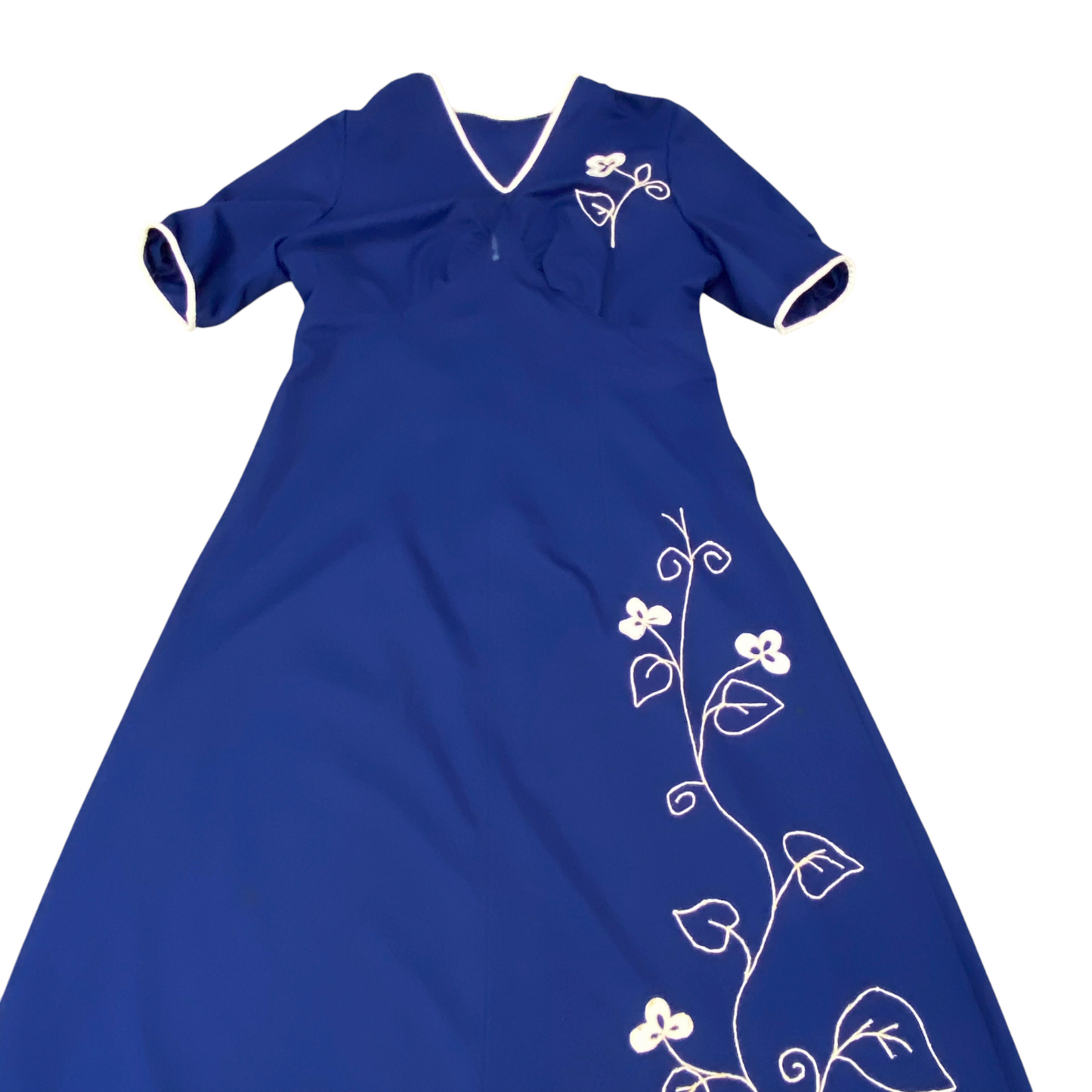 Long Maxi Dress Womens S Blue Embroidered Floral Short Sleeve V-Neck Pullover