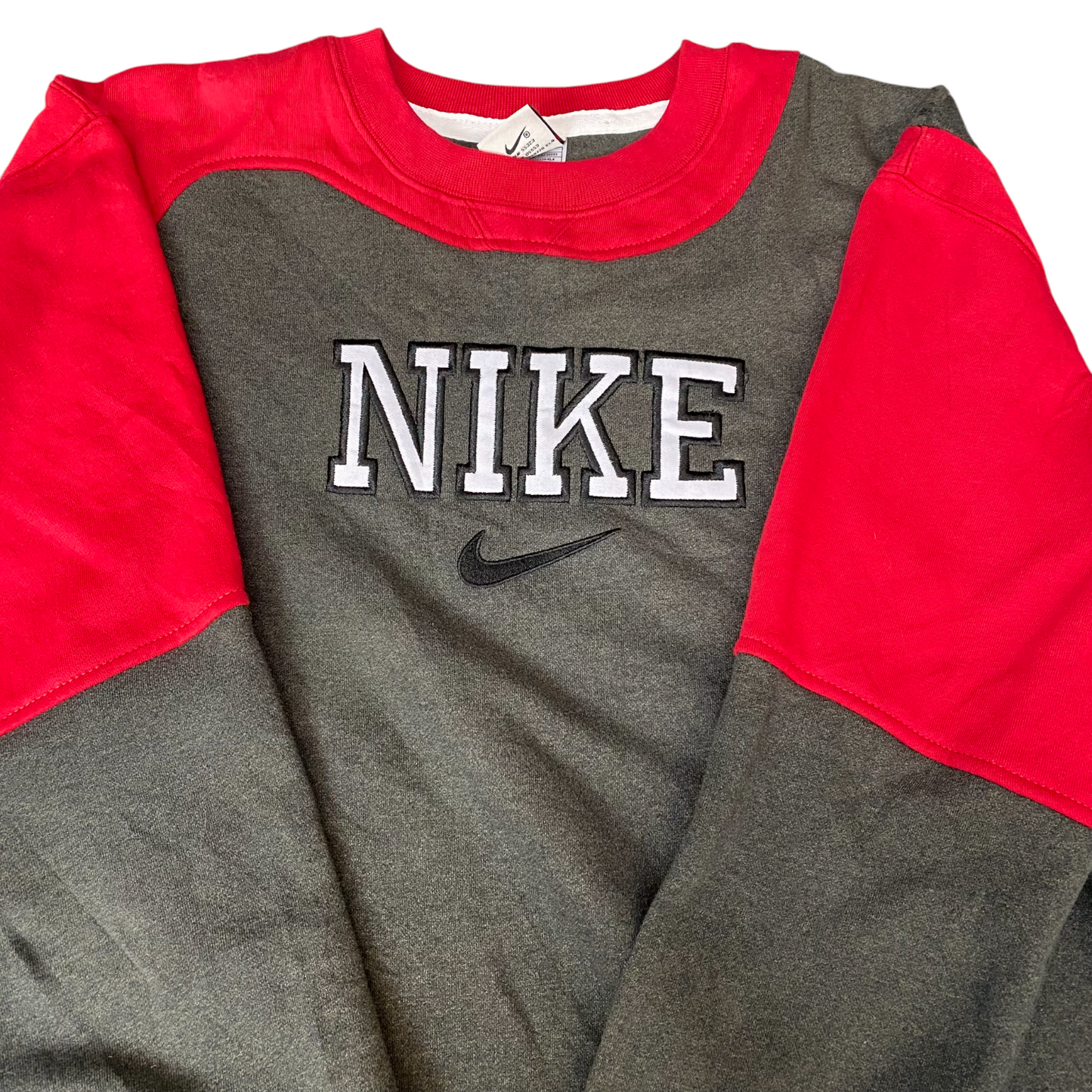 Nike Reworked Sweatshirt Mens Large Red Grey Embroidered Spellout Logo Vtg Y2K