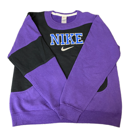 Nike Reworked Sweatshirt Mens L Black Purple Embroidered Spellout Logo Vtg Y2K