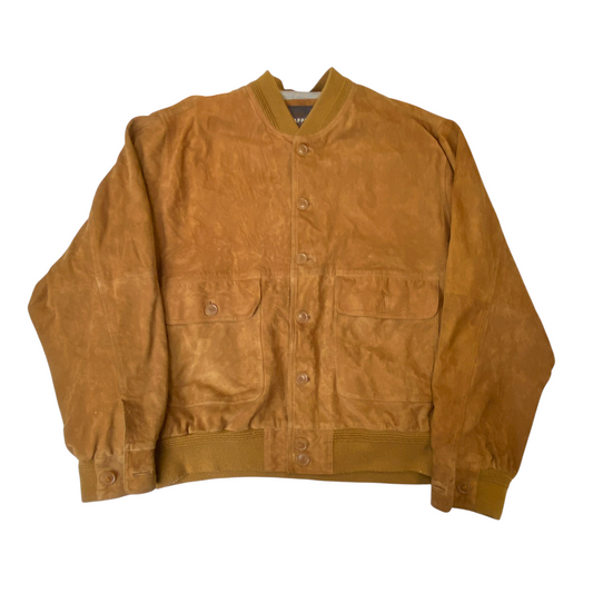 Trapper Bomber Jacket Mens Large Brown Suede Leather Flap Pockets Button Front