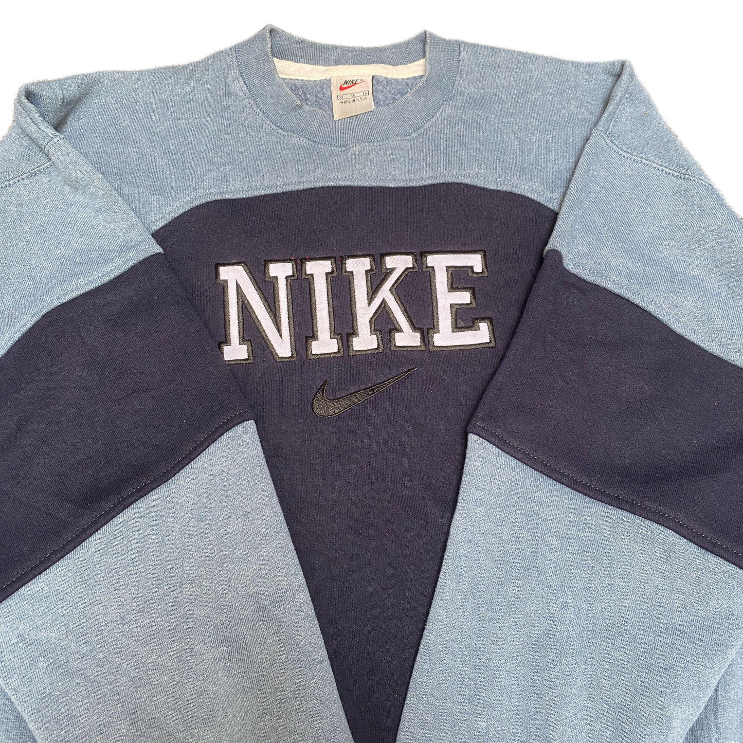 Nike Reworked Sweatshirt Mens XL Navy Blue Embroidered Spellout Logo Vintage Y2K