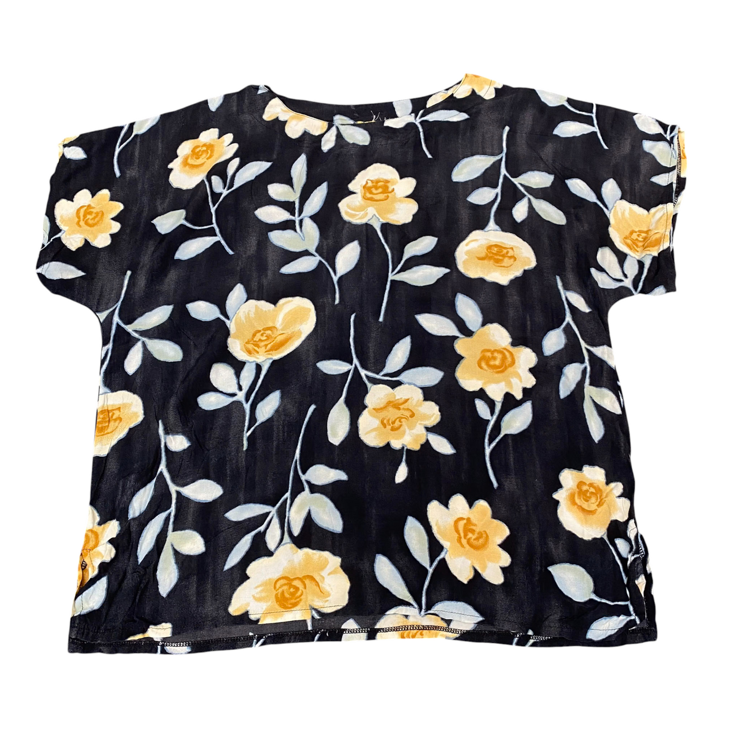 Tee Shirt Womens L Black Yellow Floral Short Sleeve Round Neck Casual Pullover