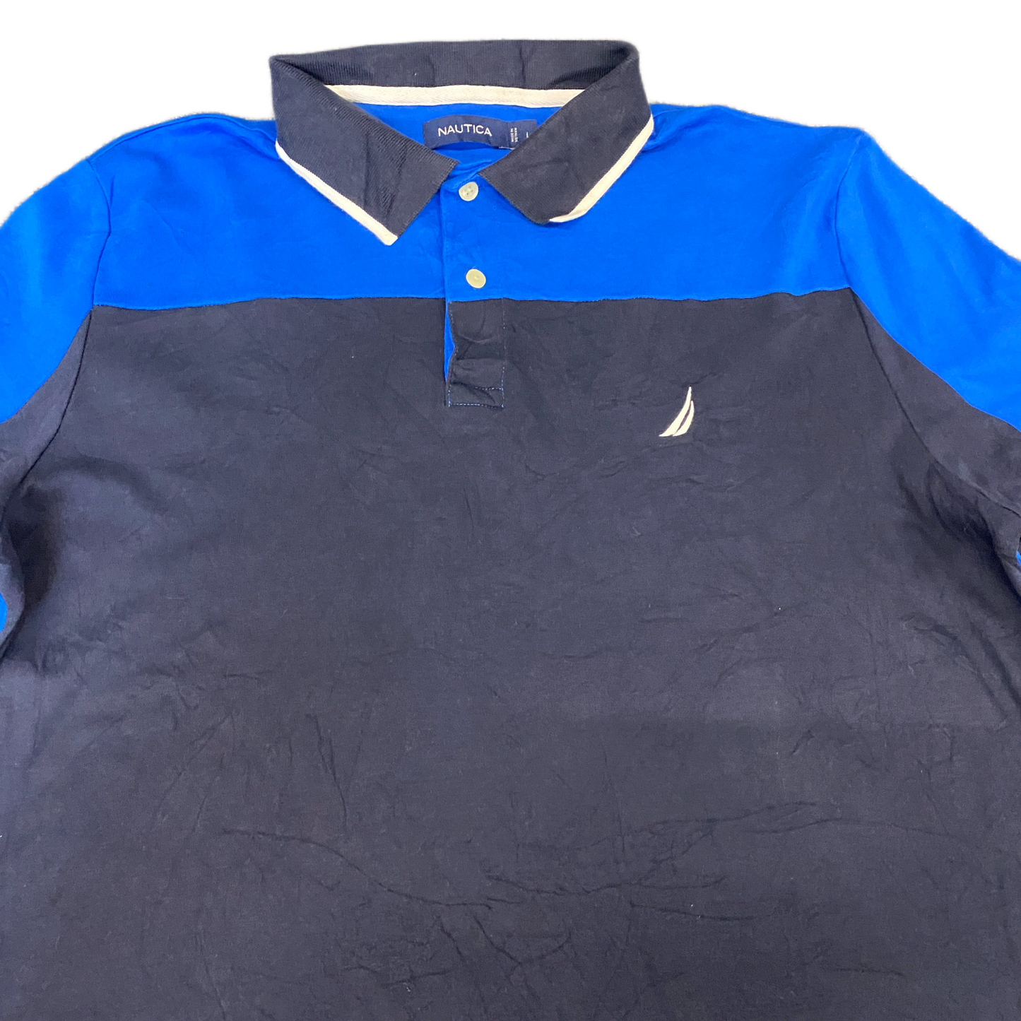 Nautica Polo Shirt Mens Large Black Blue Side Slit Short Sleeve Collared Popover