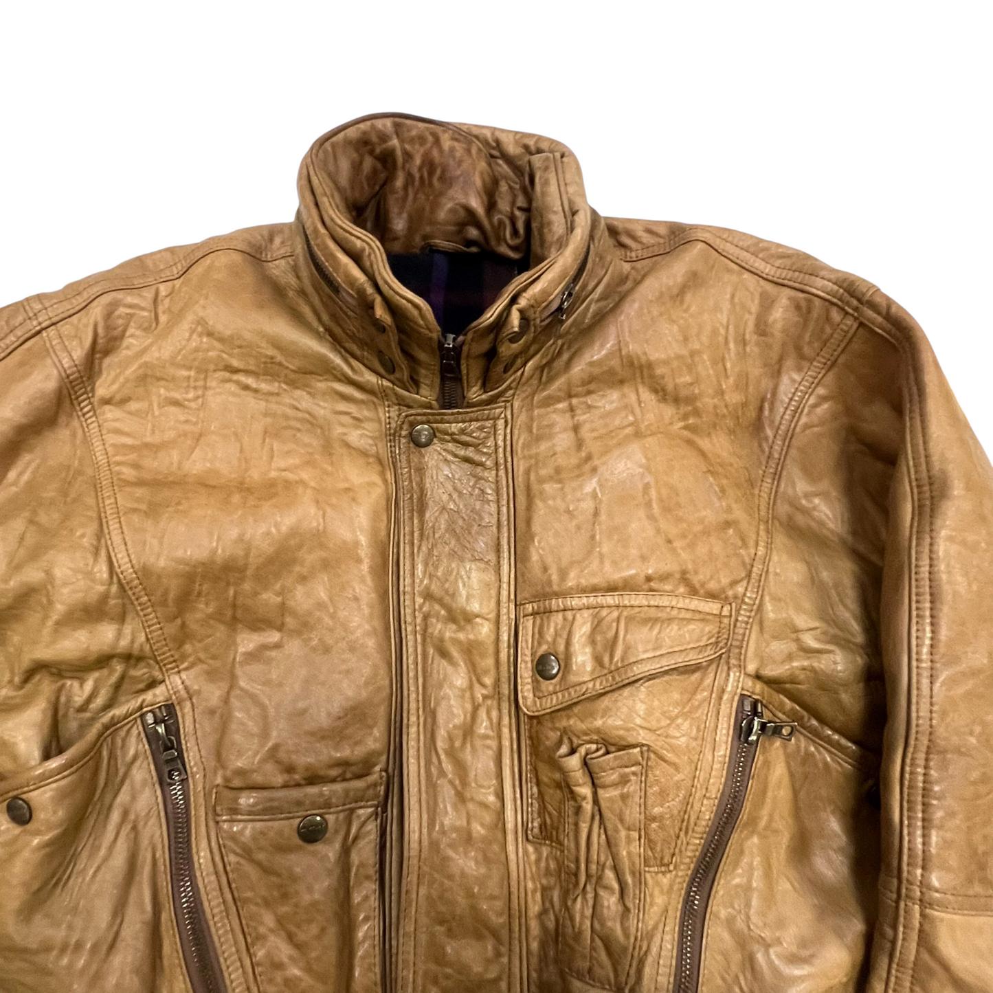 Mens Faux Leather Jacket Medium Brown Lined Long Sleeve Snap Button Inside Zip