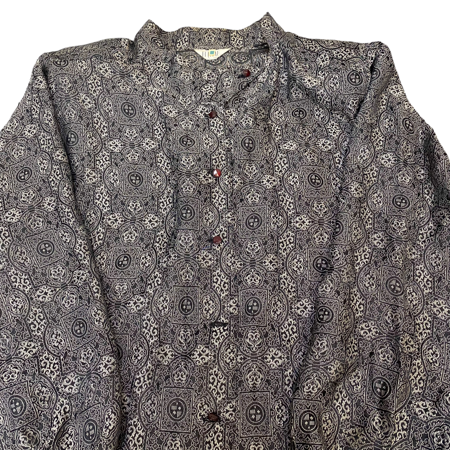 Fitme Shirt Top Womens L Black Grey Geo Print Long Sleeve Collared Button Front