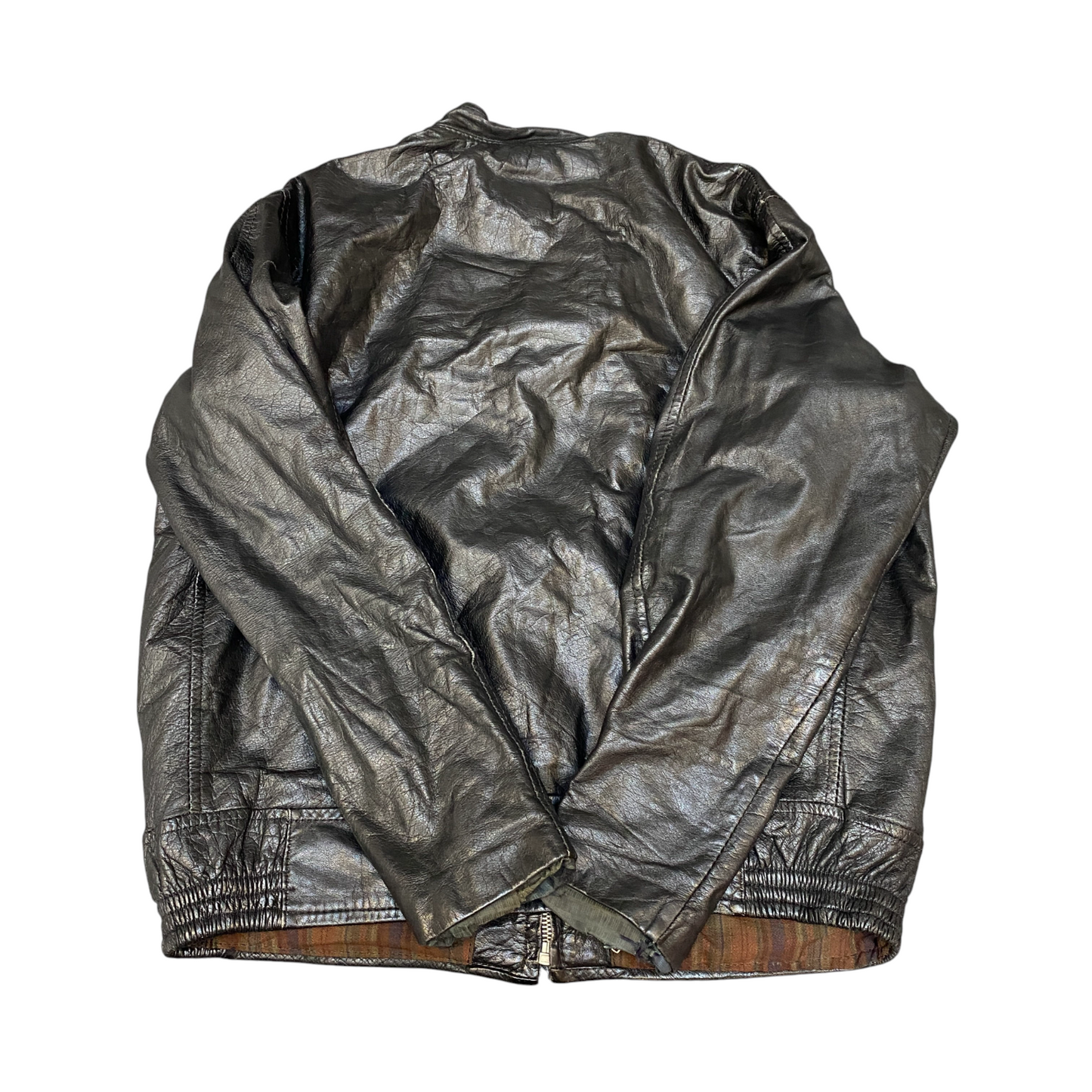 Leather Wear Biker Jacket Mens L Black Classic Long Sleeve Band Collar Full Zip