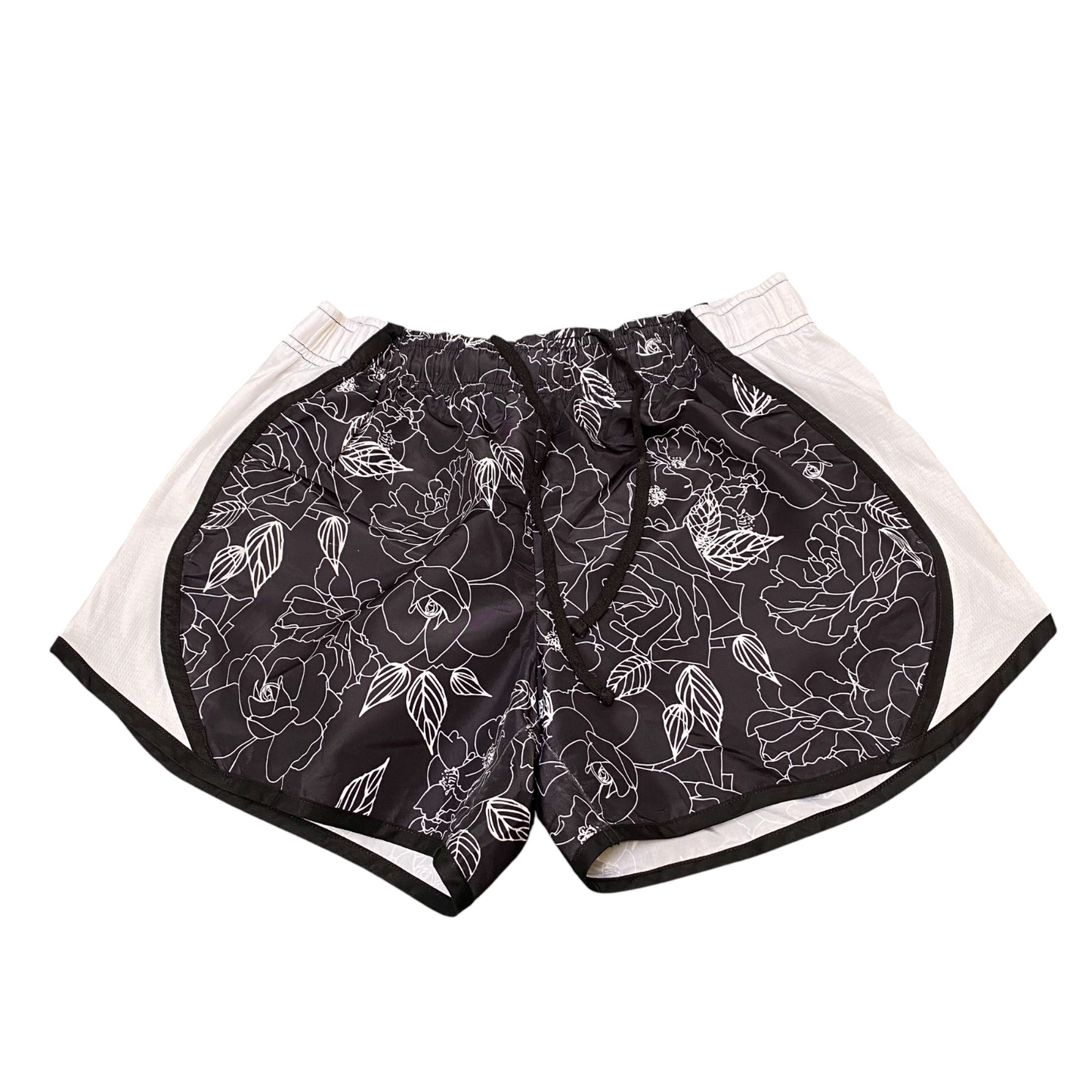 Running Sprinter Shorts Women XS Black White Floral Drawstring waist Dolphin Hem