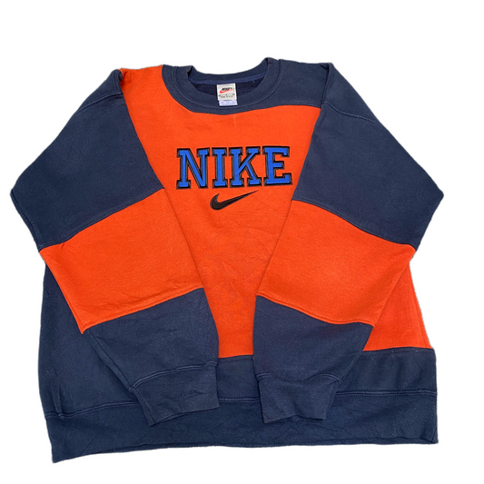 Nike Reworked Sweatshirt Mens L Navy Orange Embroidered Spellout Logo Vtg Y2K