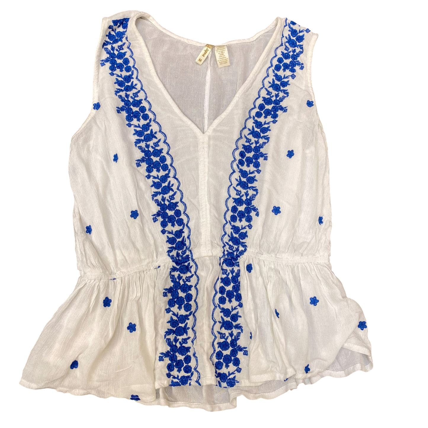 Tunic Top Womens M White Blue Embroidered Floral Peplum Hem Sleeveless V-Neck
