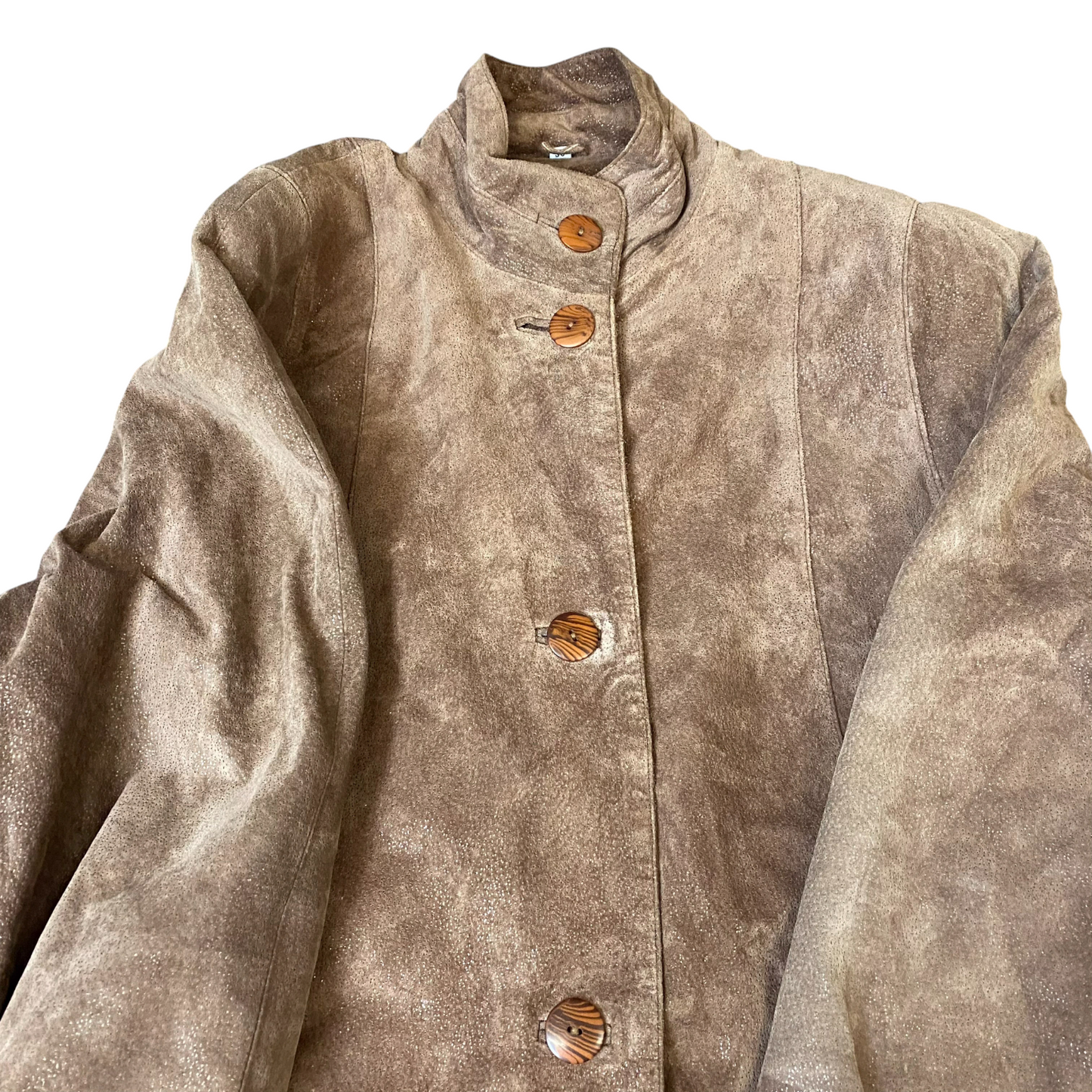 Womens Suede Leather Coat L Brown Lined Long Sleeve Stand-Up Collar Button Front