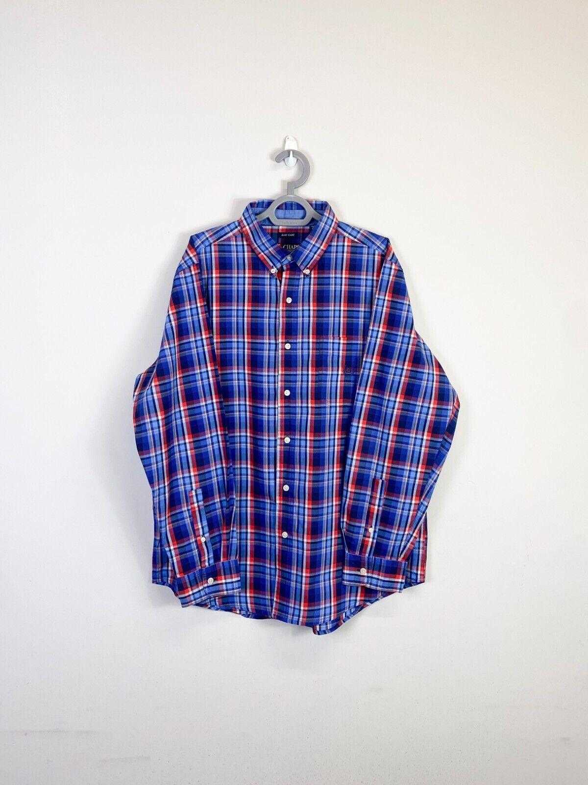 Chaps Shirt Men Large Blue Plaid Cotton Easy Care Long Sleeve Casual Button Down