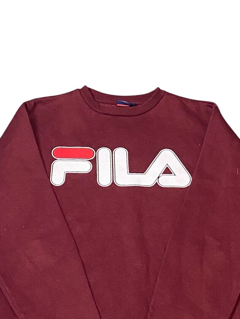 FILA Sweatshirt Mens Medium Red Long Sleeve Spell Out Logo Ribbed Hem and Cuff