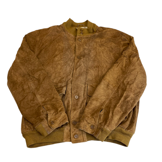 Bomber Jacket Mens L Brown Suede Leather Pockets Long Sleeve Button Front
