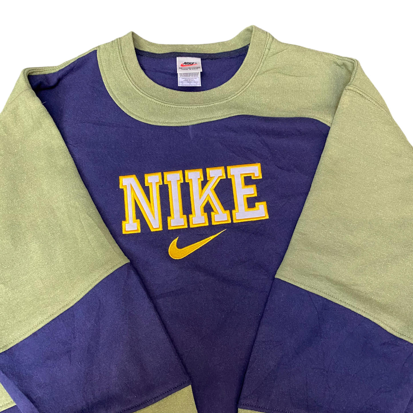 Nike Reworked Sweatshirt Mens M Navy Green Embroidered Spellout Logo Vintage Y2K