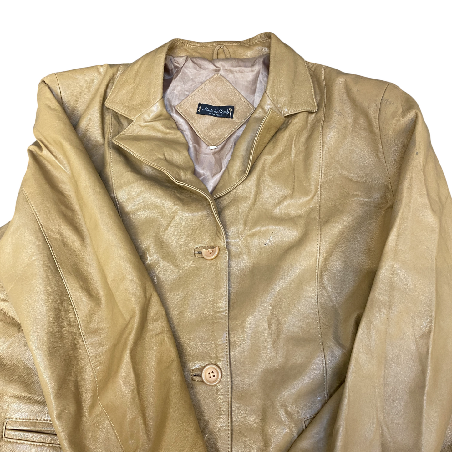 Vera Pelle Leather Blazer Jacket Womens Medium Beige Notch Lapel Single Breasted