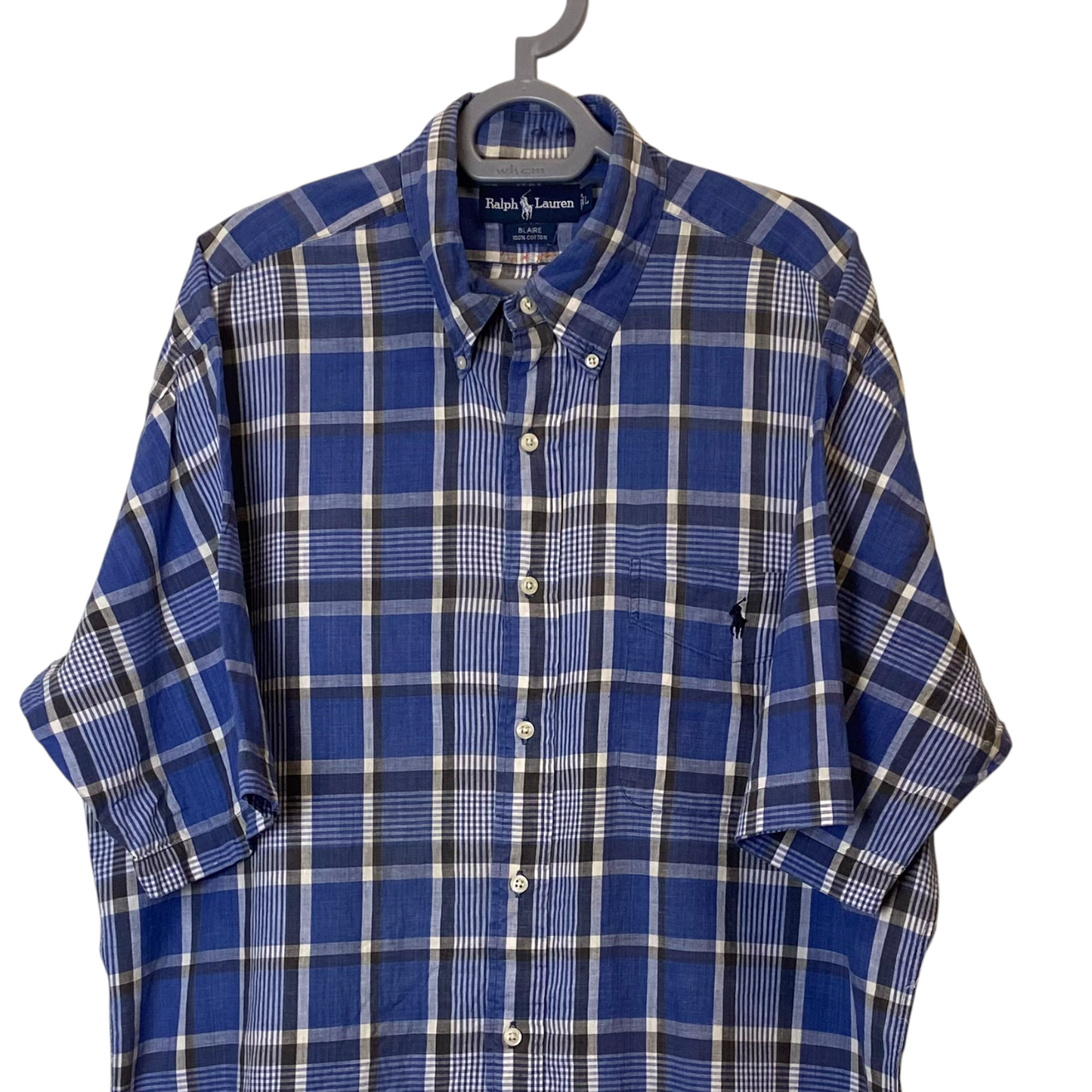 Ralph Lauren Shirt Mens L Blue Plaid Short Sleeve Cotton Small Black Pony Logo