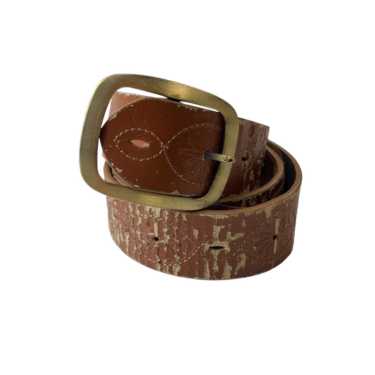 Vintage Mens Waist Belt Brown Floral Leather Adjustable Pin Buckle Size 40 in