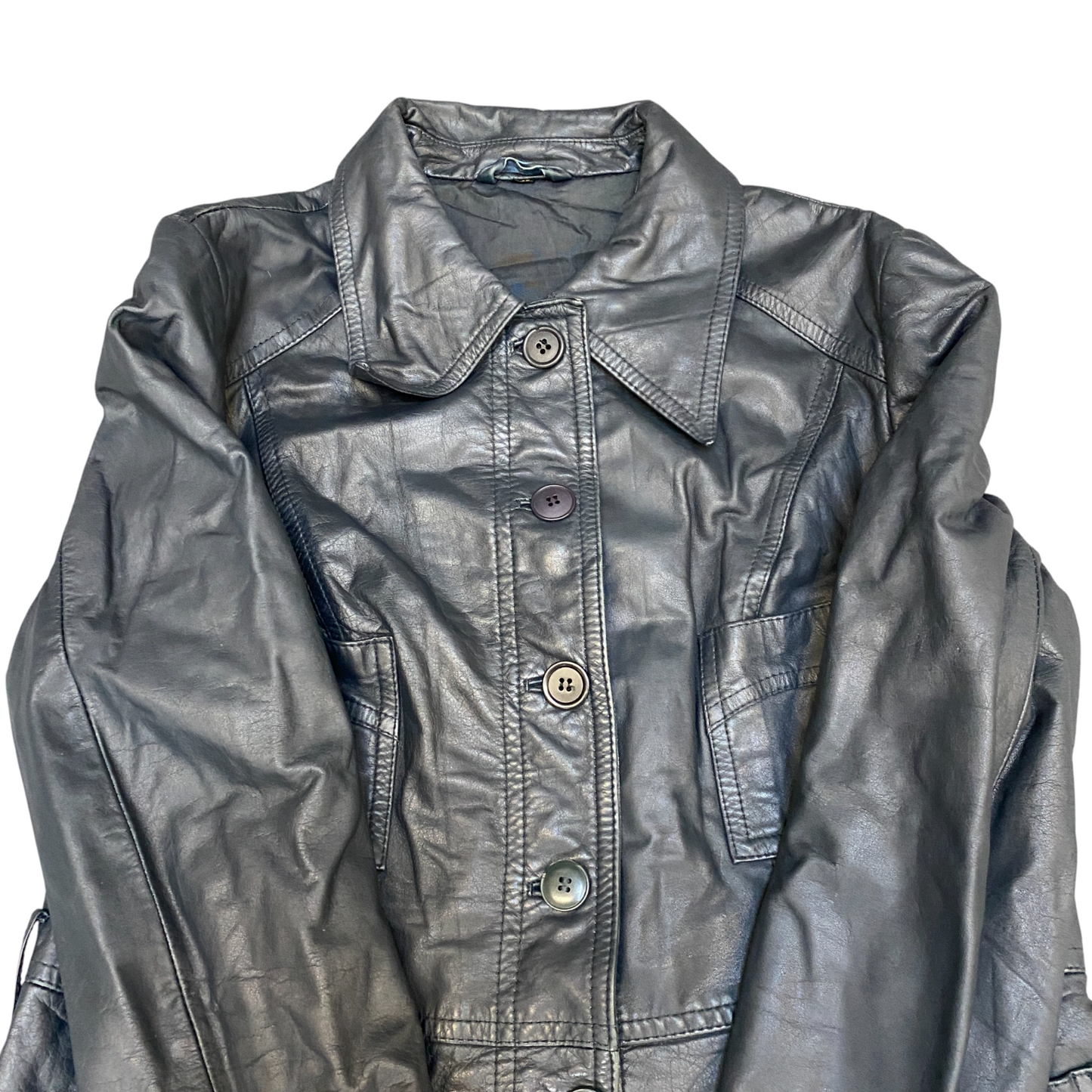 Womens Leather Jacket Medium Black Lined Utility Long Sleeve Collar Button Front