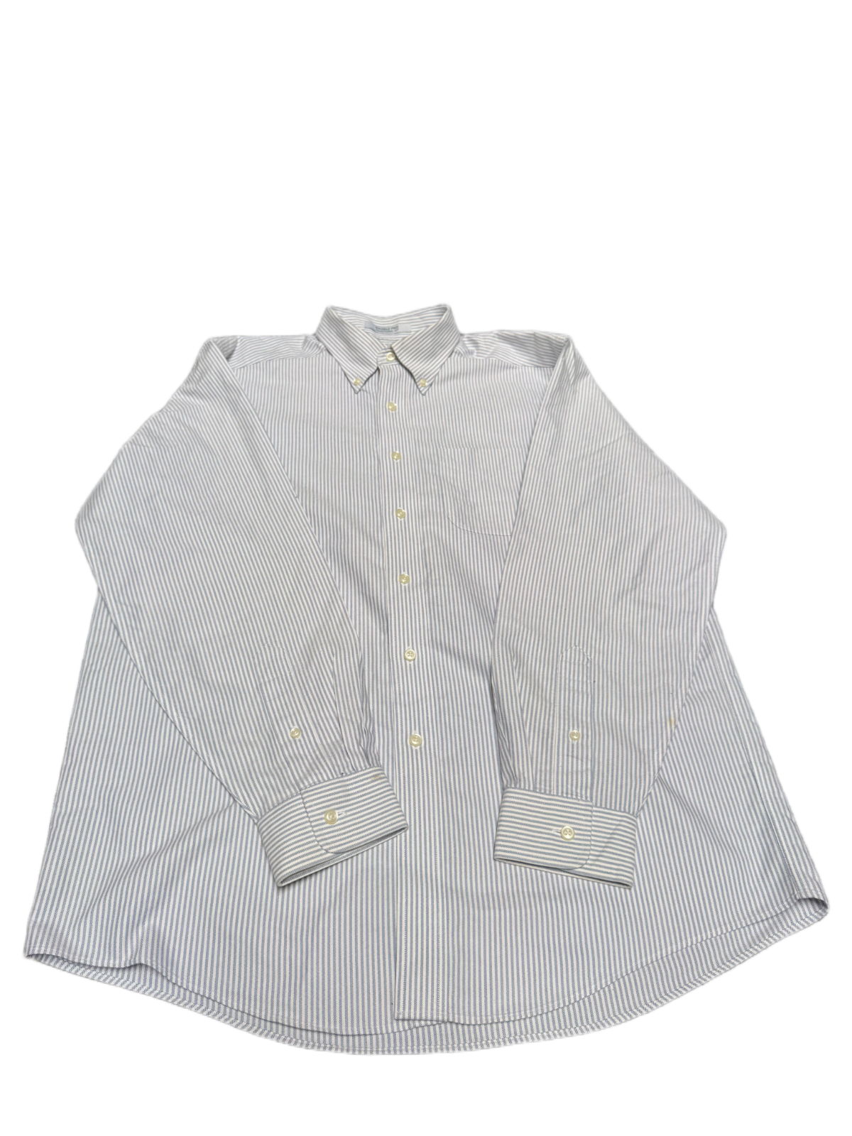 L.L. Bean Dress Shirt Men Large White Blue Striped Traditional Fit Wrinkle Free