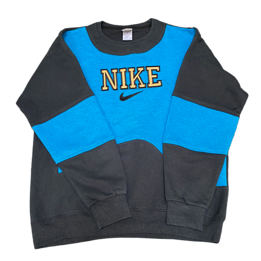 Nike Reworked Sweatshirt Mens Large Blue Black Embroidered Spellout Logo Vtg Y2K